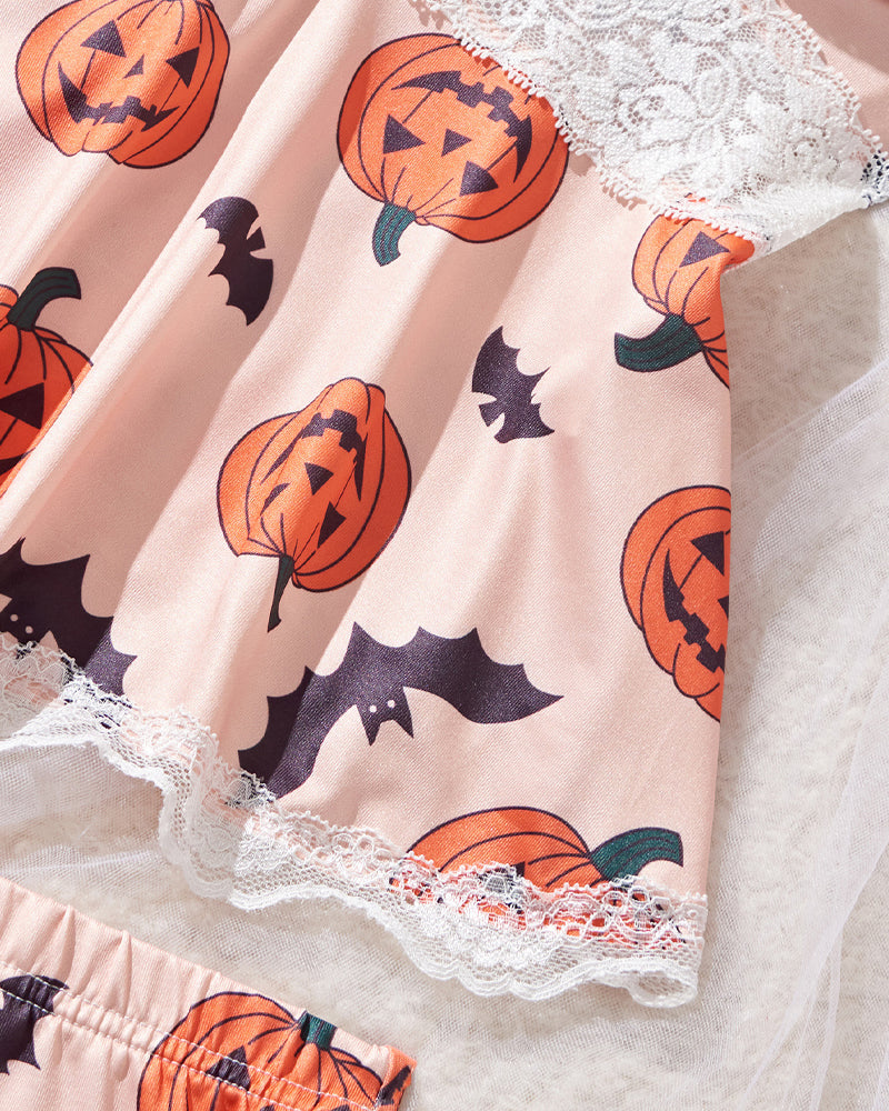 Sexy Halloween Print Lace Suspender and Shorts Loungewear Set