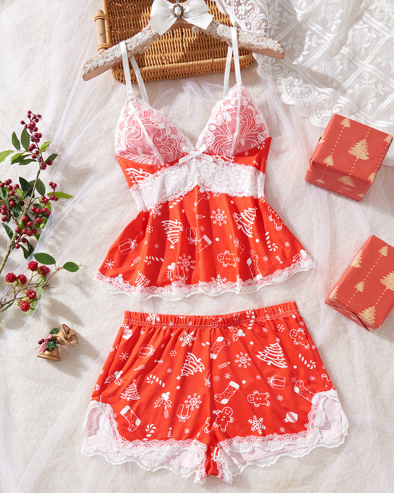 Sexy Halloween Print Lace Suspender and Shorts Loungewear Set