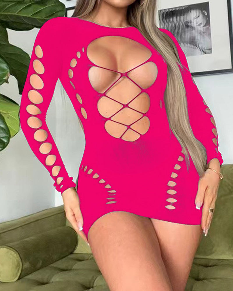 Sexy Fishnet Long-sleeved Backless Hollow Stretch Hip Dress