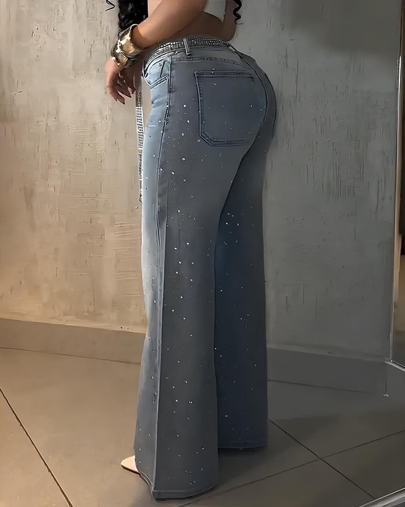 Diamond-Studded Vintage Washed Ribbon Straight-Leg Jeans