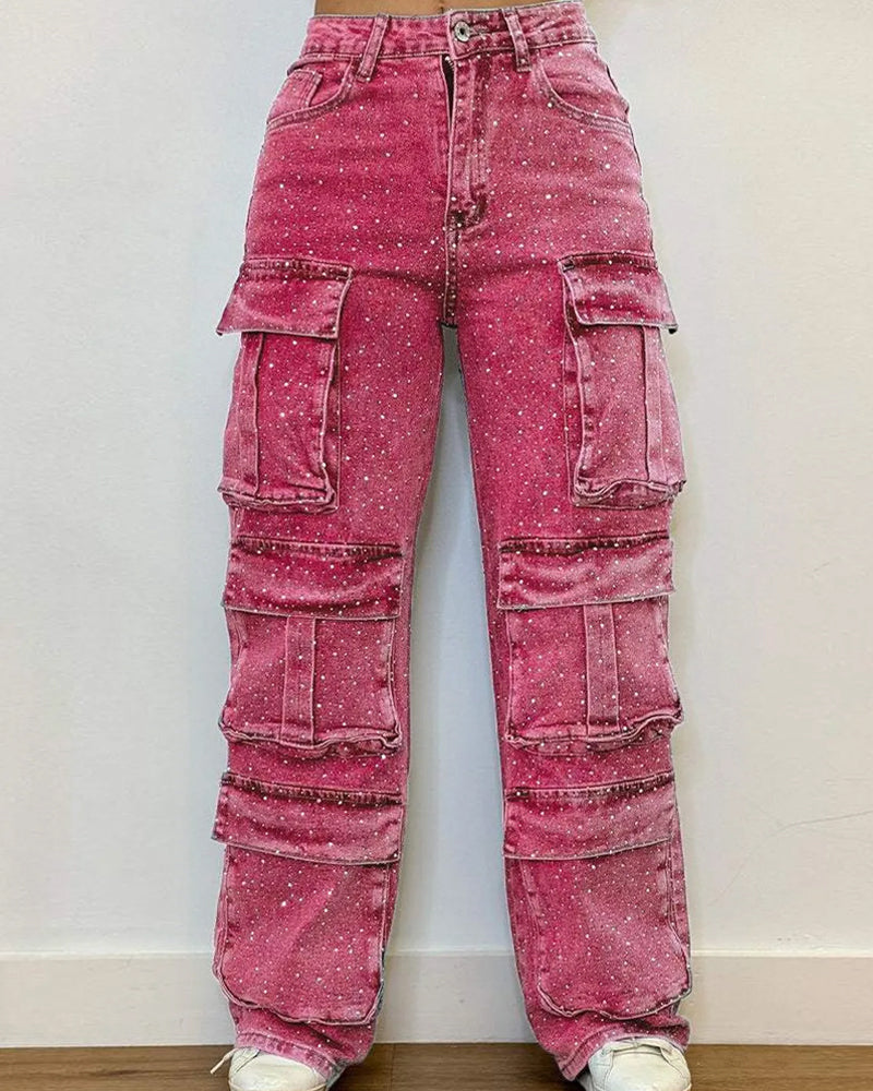 Multi-Pocket Diamond Casual Straight-Leg Jeans