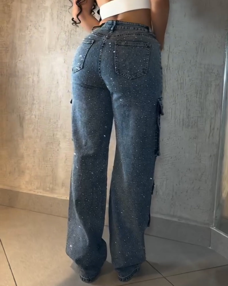 Multi-Pocket Diamond Casual Straight-Leg Jeans