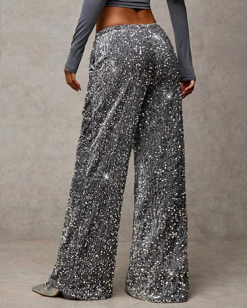 Women's Sequined Velvet Drawstring Loose Wide-Leg Straight Pants