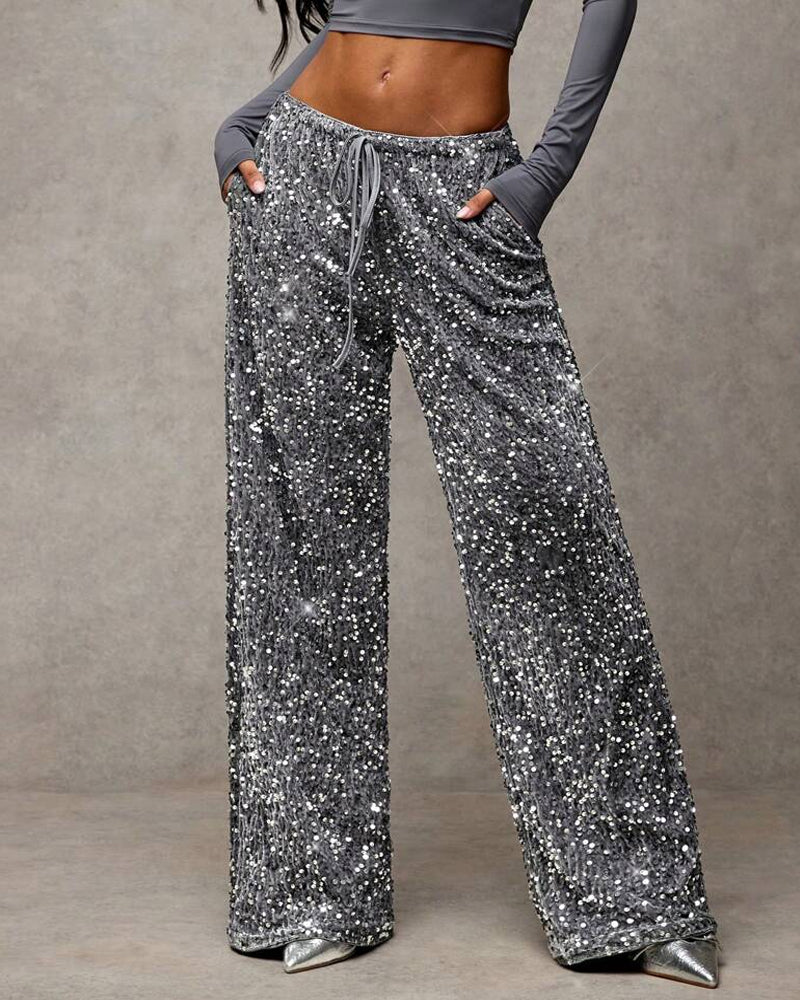 Women's Sequined Velvet Drawstring Loose Wide-Leg Straight Pants