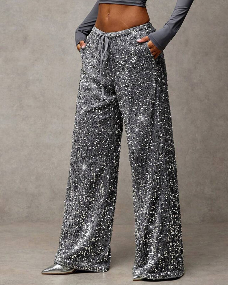 Women's Sequined Velvet Drawstring Loose Wide-Leg Straight Pants