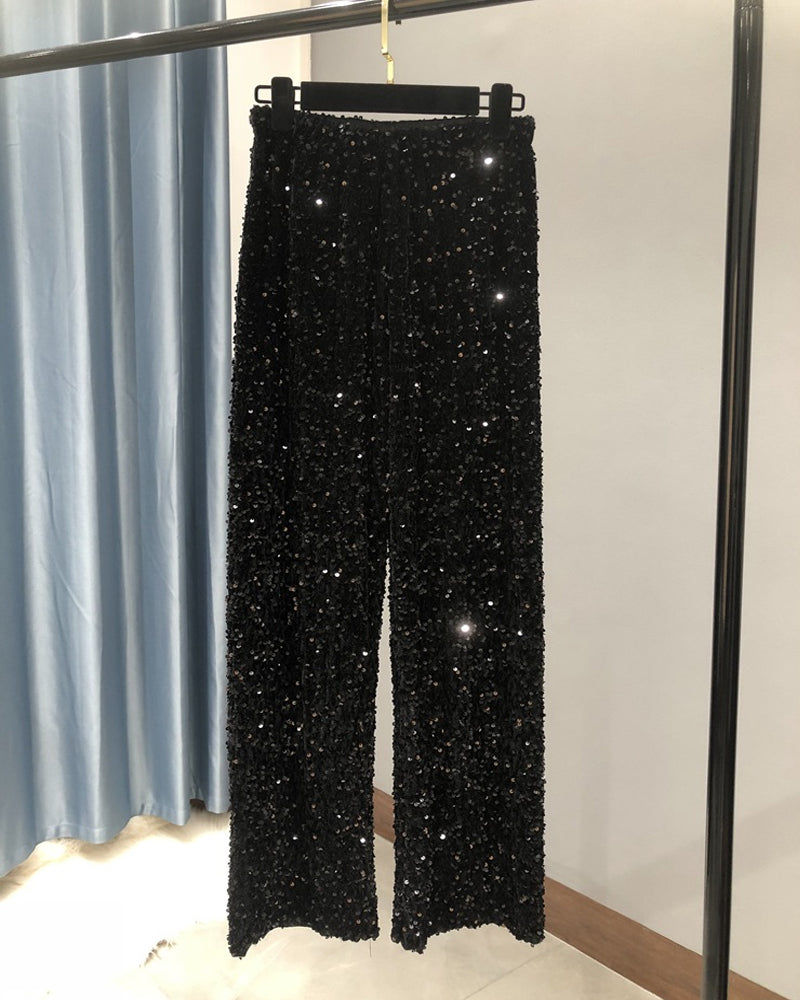 Women's Sequined Velvet Drawstring Loose Wide-Leg Straight Pants