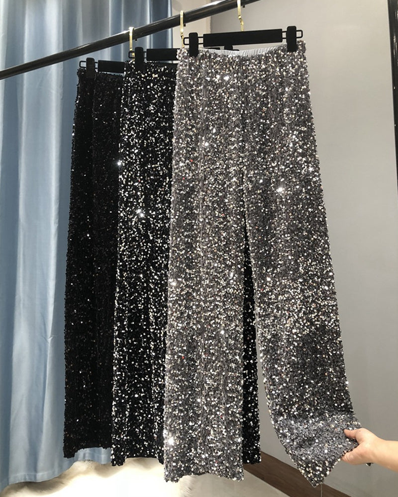 Women's Sequined Velvet Drawstring Loose Wide-Leg Straight Pants
