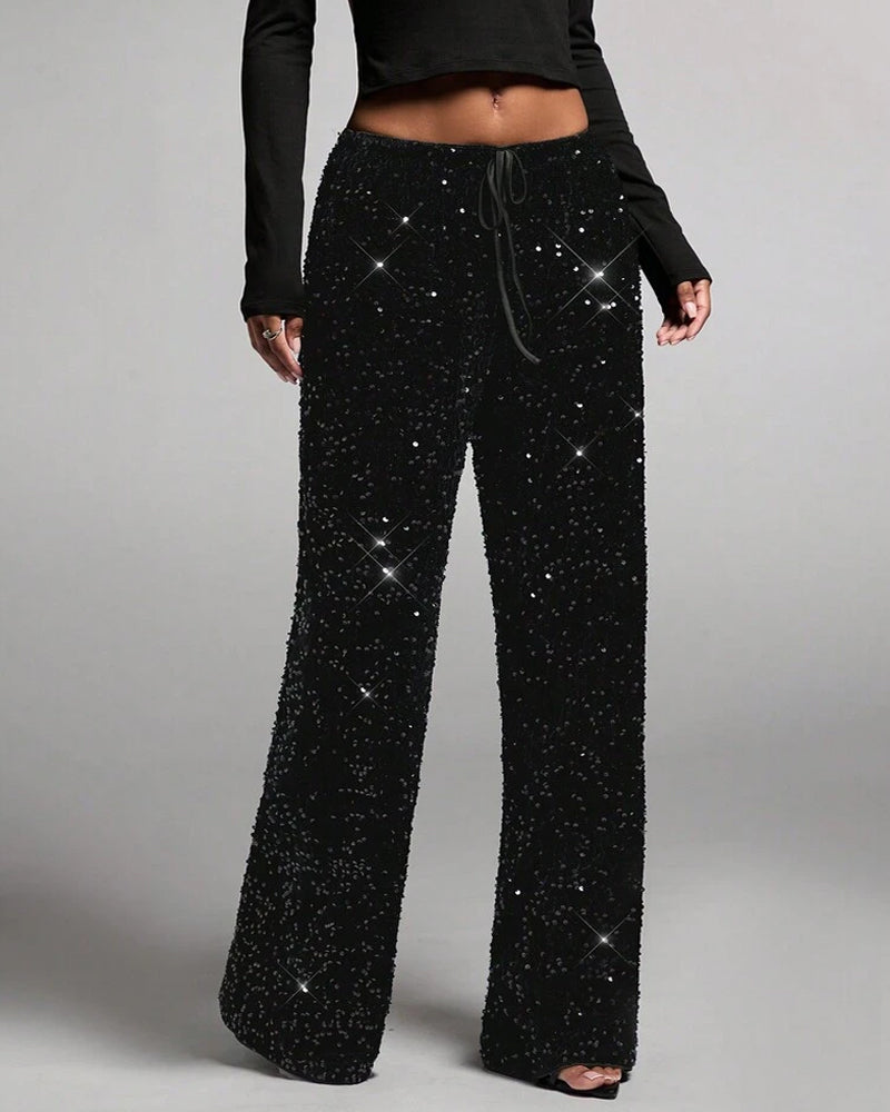 Women's Sequined Velvet Drawstring Loose Wide-Leg Straight Pants