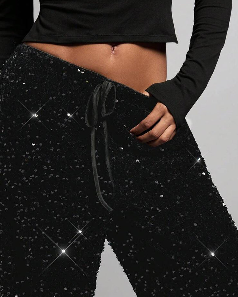 Women's Sequined Velvet Drawstring Loose Wide-Leg Straight Pants