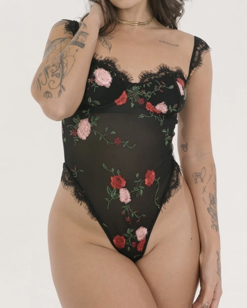 Sexy Lace Mesh Flower Embroidered Bodysuit