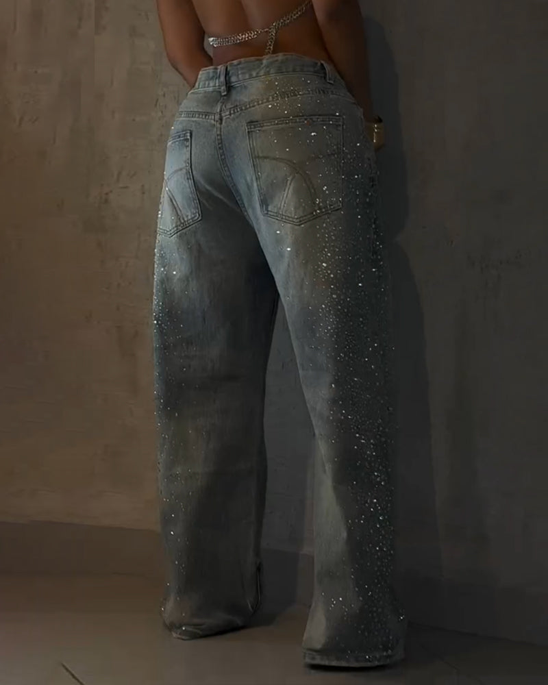 Hot-drilled Fireworks-shaped Rhinestone Casual Washed Jeans