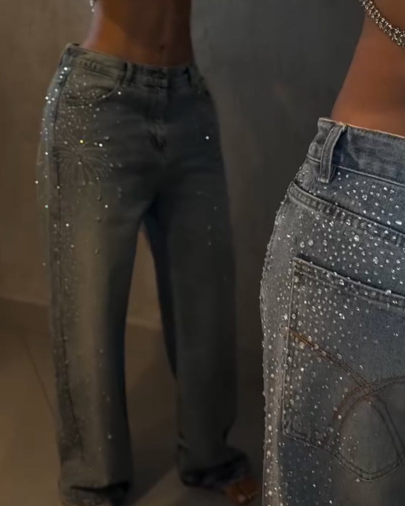 Hot-drilled Fireworks-shaped Rhinestone Casual Washed Jeans