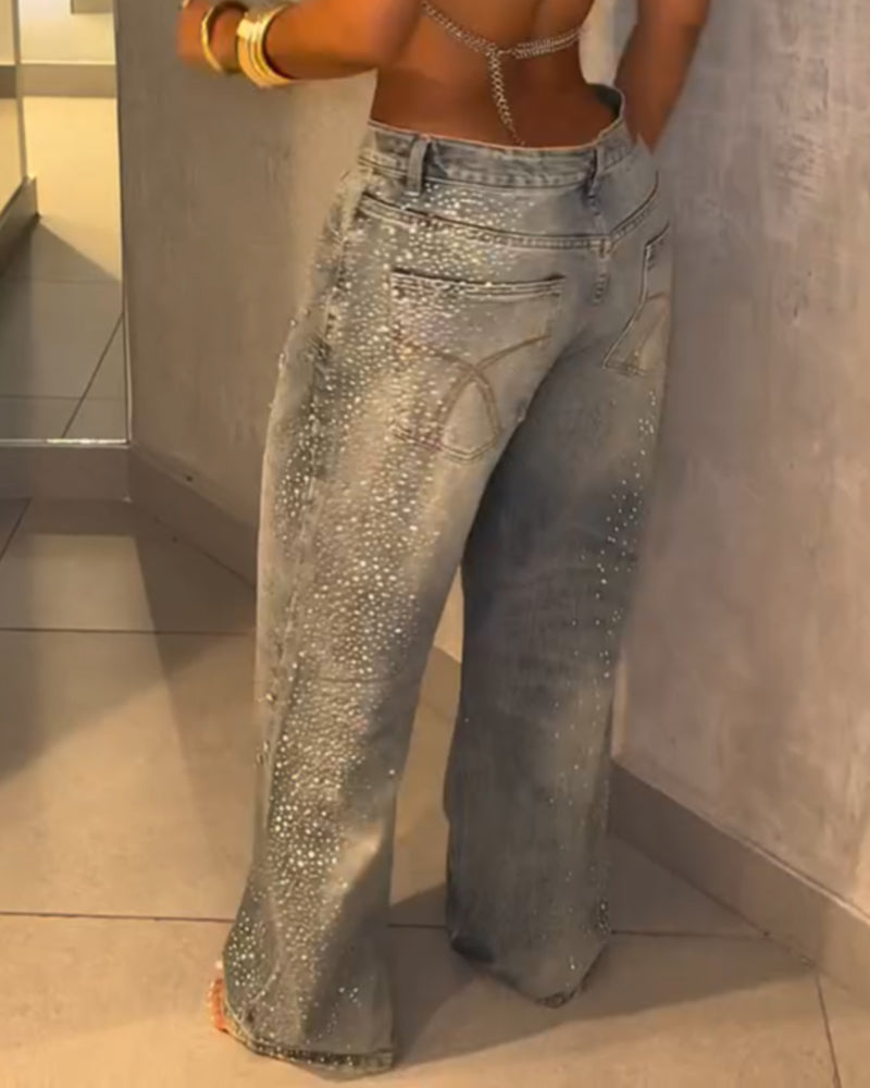 Hot-drilled Fireworks-shaped Rhinestone Casual Washed Jeans