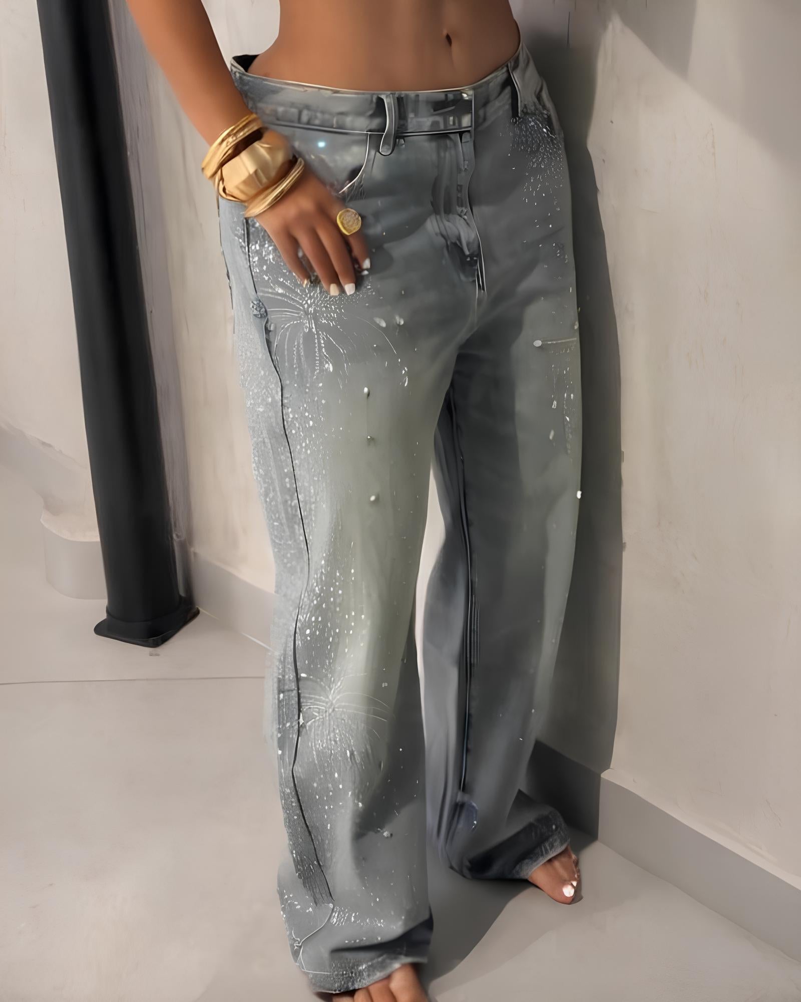 Hot-drilled Fireworks-shaped Rhinestone Casual Washed Jeans