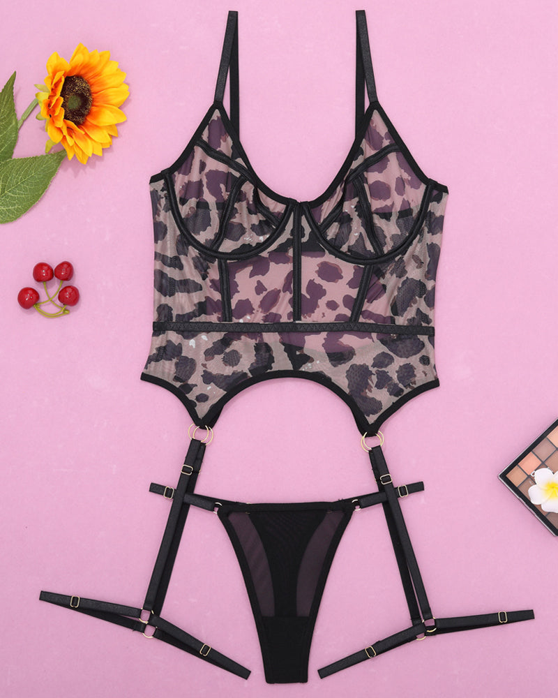 Sexy Leopard Print Mesh See-through Body-shaping Pajamas Set