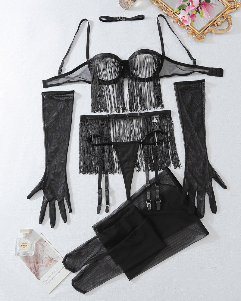 Sexy Lace See-through Tassel Hollow Underwear Set