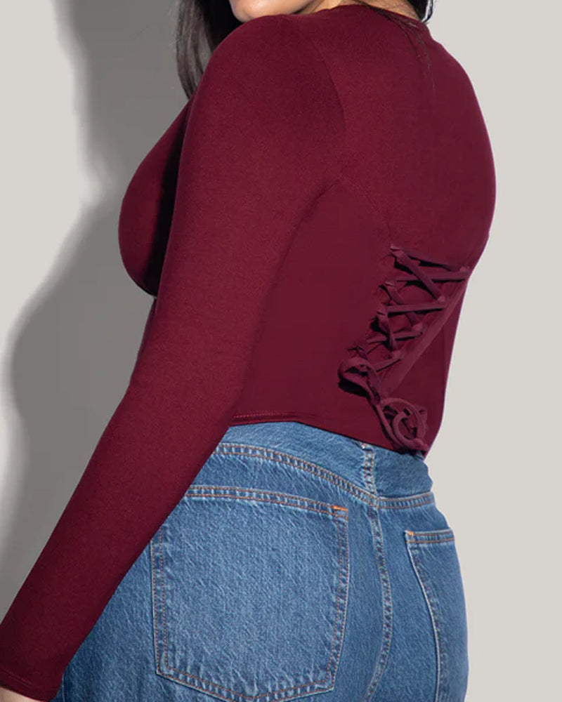 Front Zip Long Sleeve Corset Top with Drawstring Back