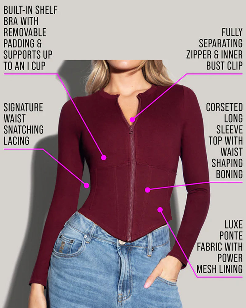 Front Zip Long Sleeve Corset Top with Drawstring Back