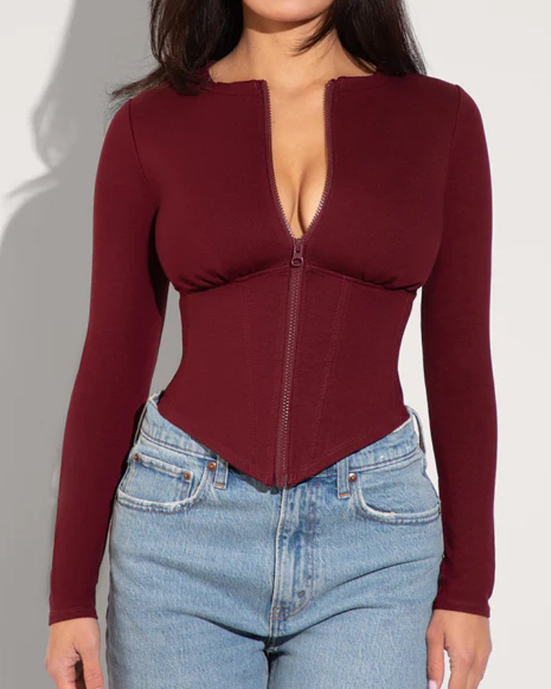 Front Zip Long Sleeve Corset Top with Drawstring Back