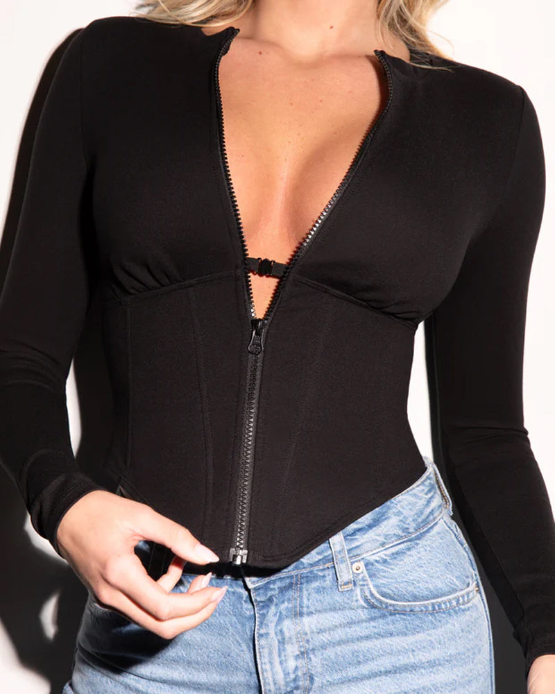 Front Zip Long Sleeve Corset Top with Drawstring Back