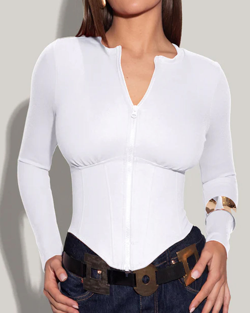 Front Zip Long Sleeve Corset Top with Drawstring Back