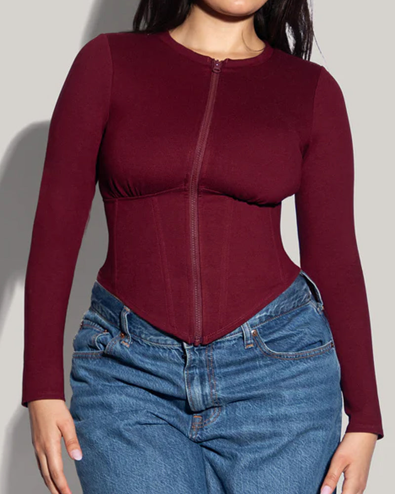 Front Zip Long Sleeve Corset Top with Drawstring Back