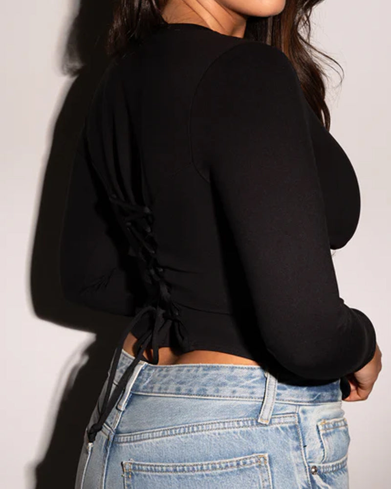 Front Zip Long Sleeve Corset Top with Drawstring Back