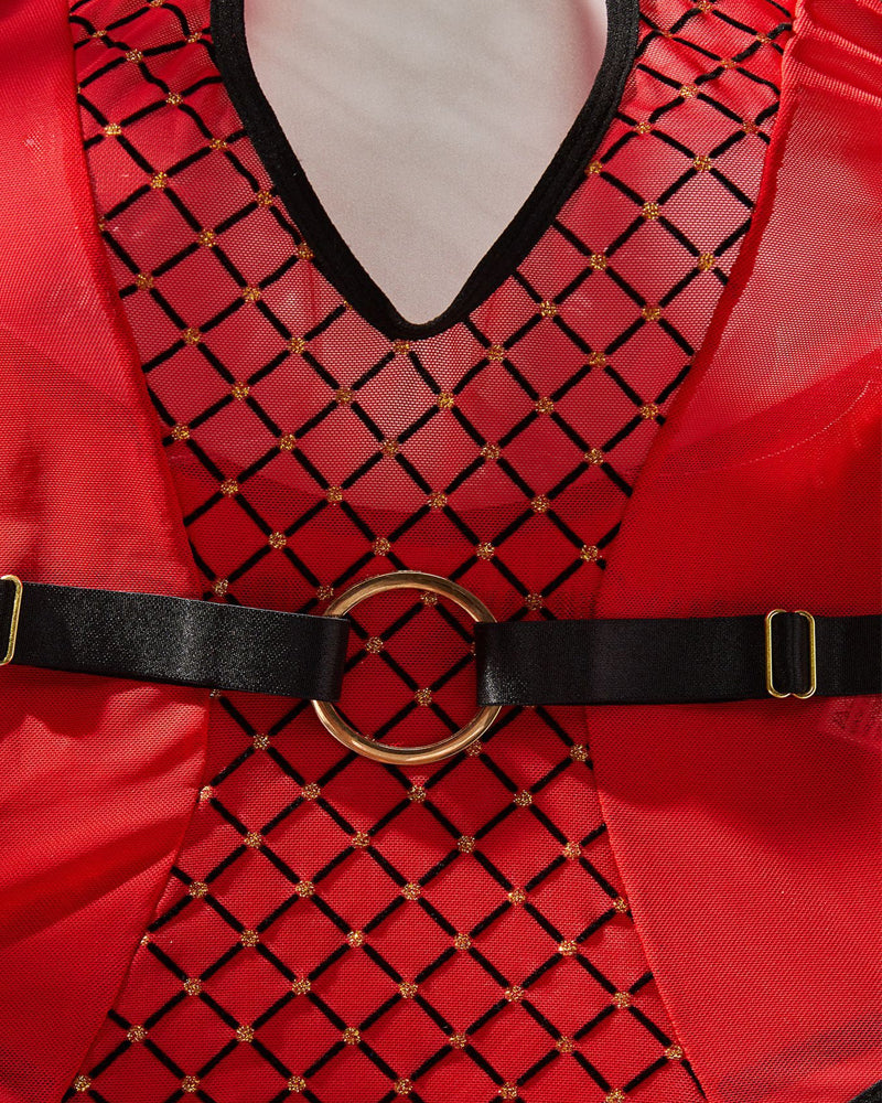 Diamond Print Mesh Splicing Hollow Halter Neck Sexy Bodysuit