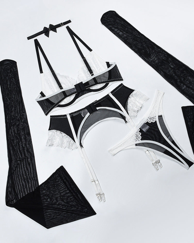 Sexy Heart Flower Lace Mesh Splicing Colorblock Fun Lingerie Set