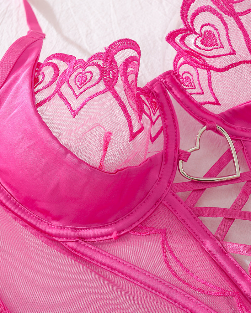Heart Embroidered See-Through Cross Strap Sexy Shaping Underwear Set