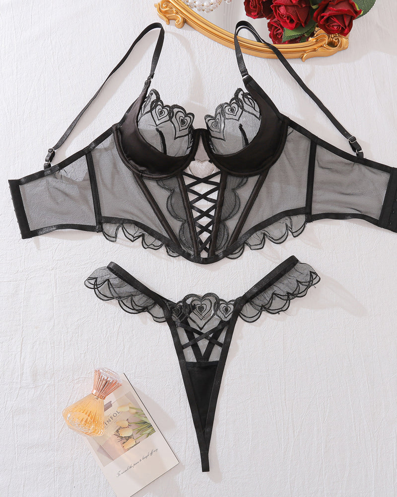 Heart Embroidered See-Through Cross Strap Sexy Shaping Underwear Set