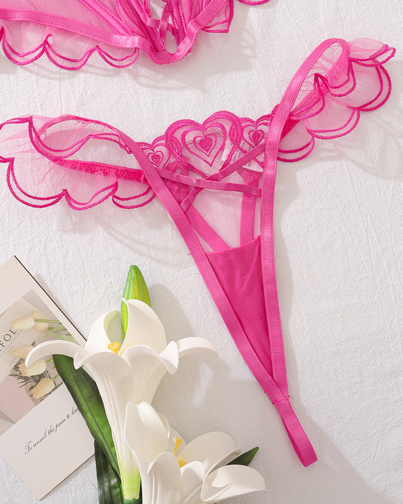 Heart Embroidered See-Through Cross Strap Sexy Shaping Underwear Set