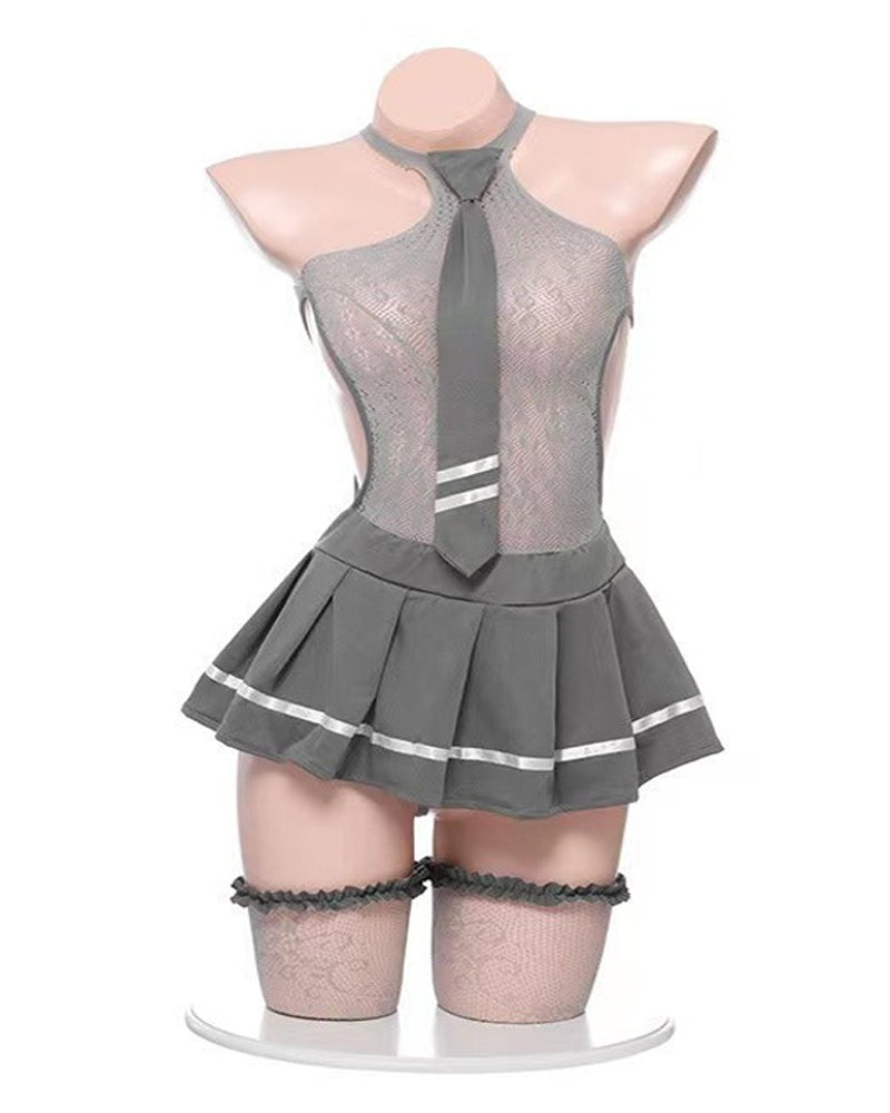 Sexy Schoolgirl Uniform Fishnet Pleated Skirt Pajamas with Stockings Set