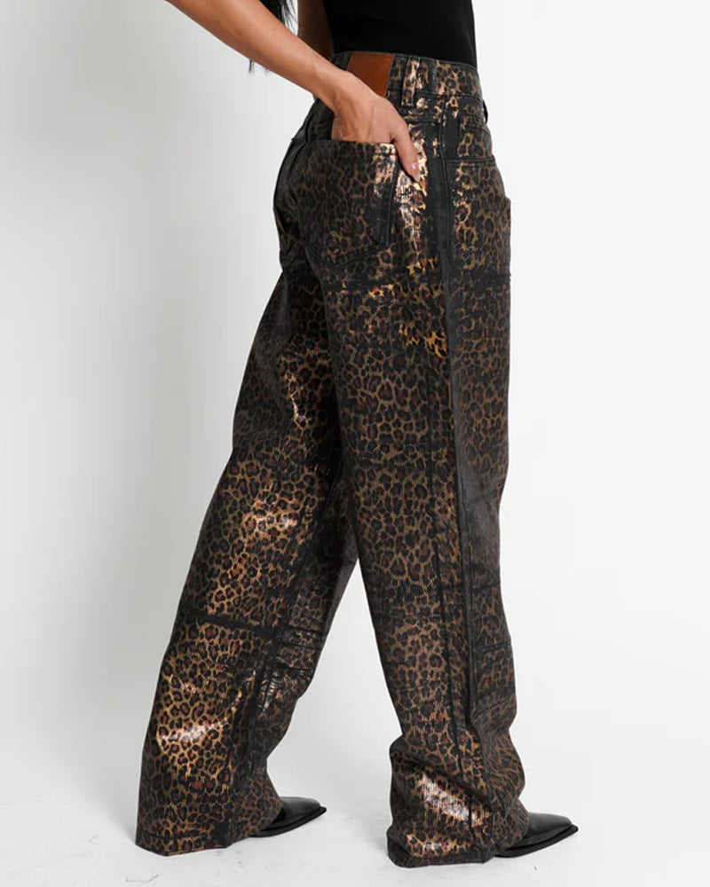 Leopard Shiny Casual Straight-leg Loose Jeans