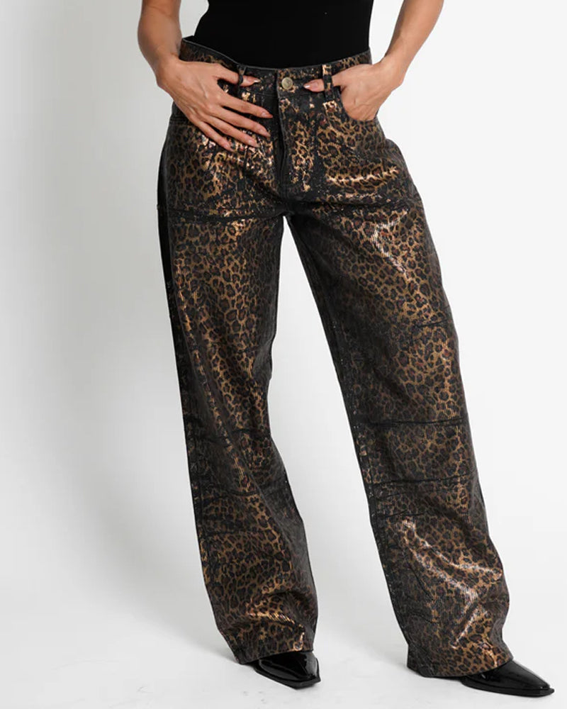 Leopard Shiny Casual Straight-leg Loose Jeans