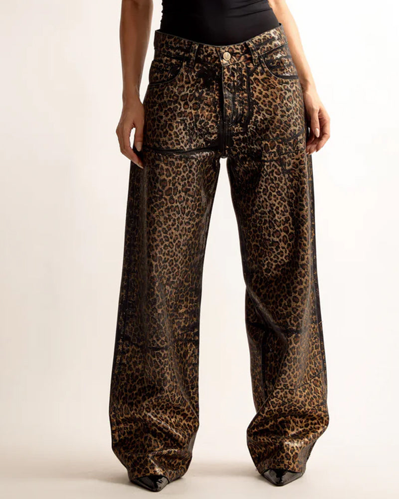 Leopard Shiny Casual Straight-leg Loose Jeans