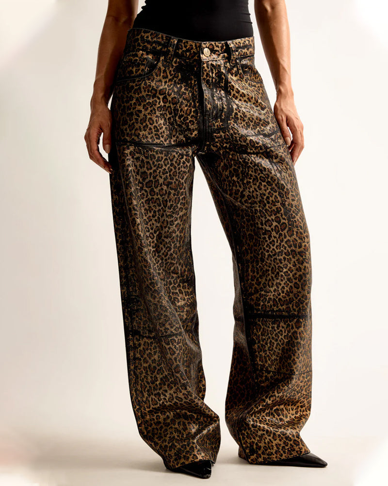 Leopard Shiny Casual Straight-leg Loose Jeans