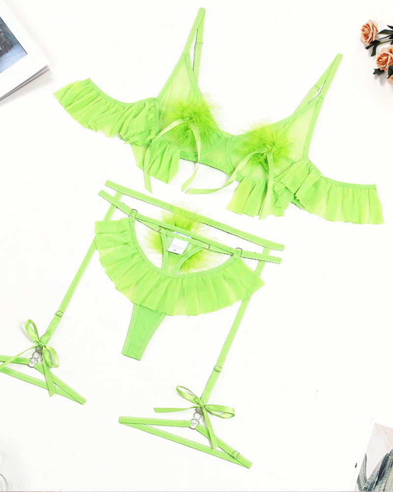 Plush Ball Pleated Skirt See-through Mesh Sexy Underwear Set