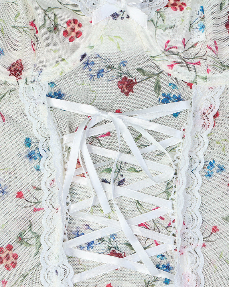 Floral Lace Stitching Stretch Mesh Sexy Pajamas and Stockings Set