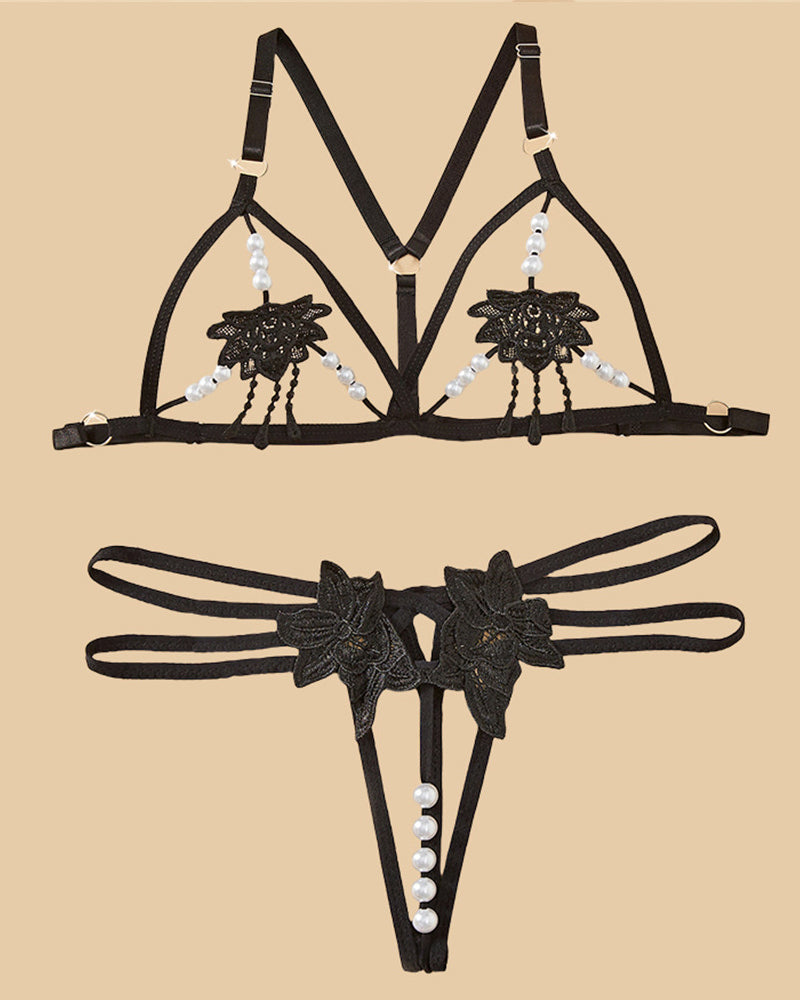 Women's Three-point Sexy Hollow Pearl Massage Underwear Set