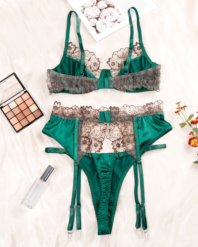 Sexy Embroidered Flower Lace Splicing Garter Lingerie Set