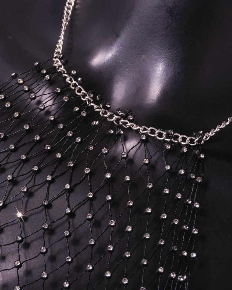 Rhinestone Fishnet Cutout Halter Neck Top and Skirt Set