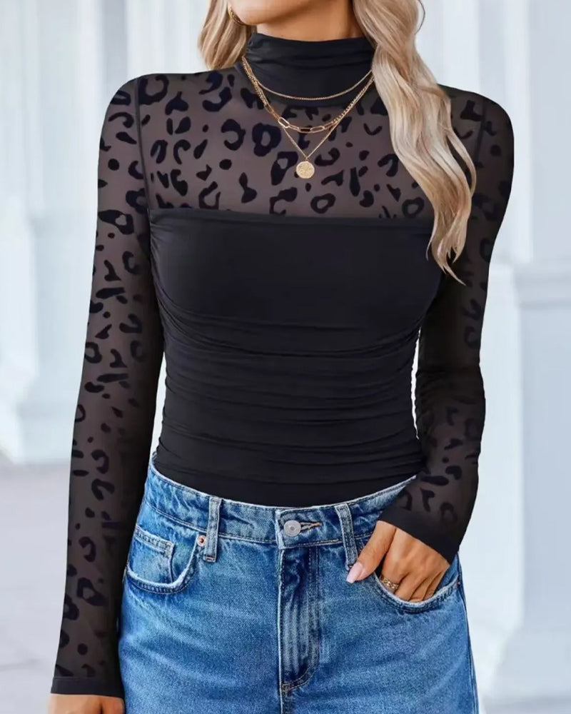 Women's High Neck Mesh See-through Stitching Long Sleeve Body-shaping Stretch Bodysuit