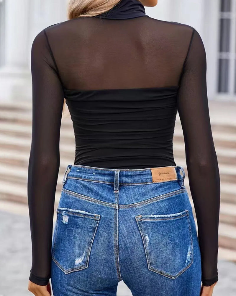 Women's High Neck Mesh See-through Stitching Long Sleeve Body-shaping Stretch Bodysuit