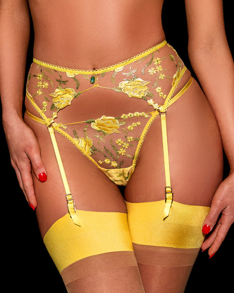 Yellow Flower Embroidered Mesh Hollow Sexy Lingerie Set