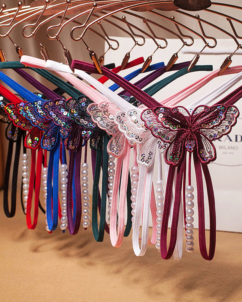 Sexy Sequin Butterfly Embroidered Open Crotch Massage Pearl Thong