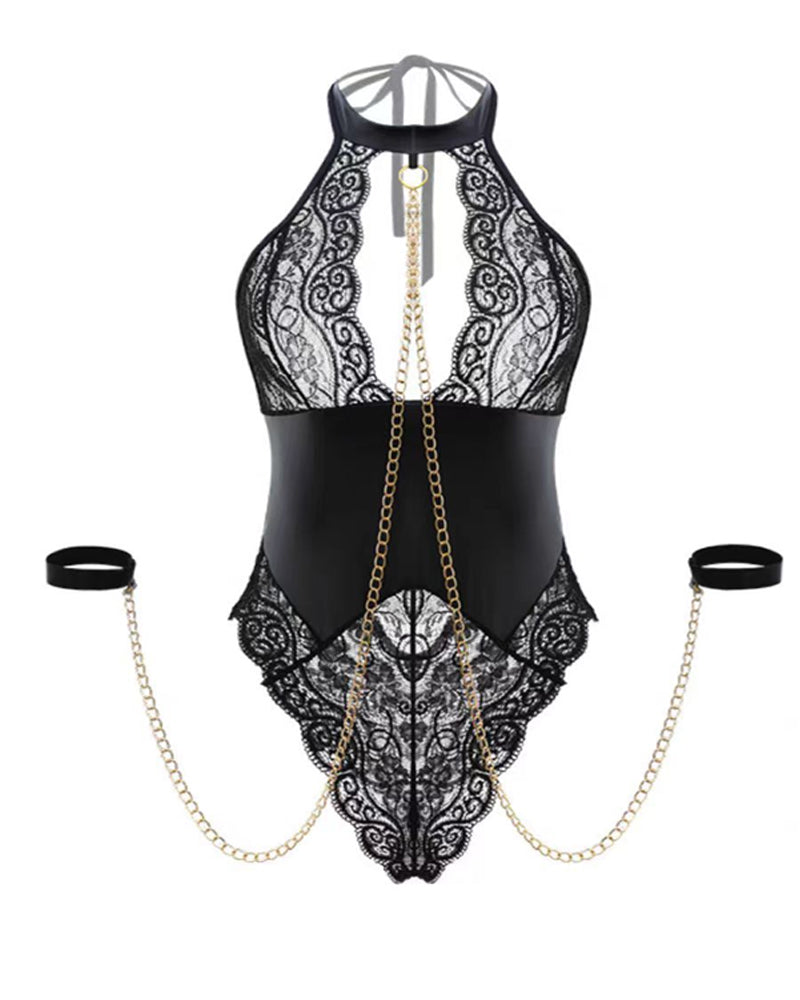 Deep V Halterneck Patent Leather Lace Splicing Bondage Metal Chain Sexy Lingerie