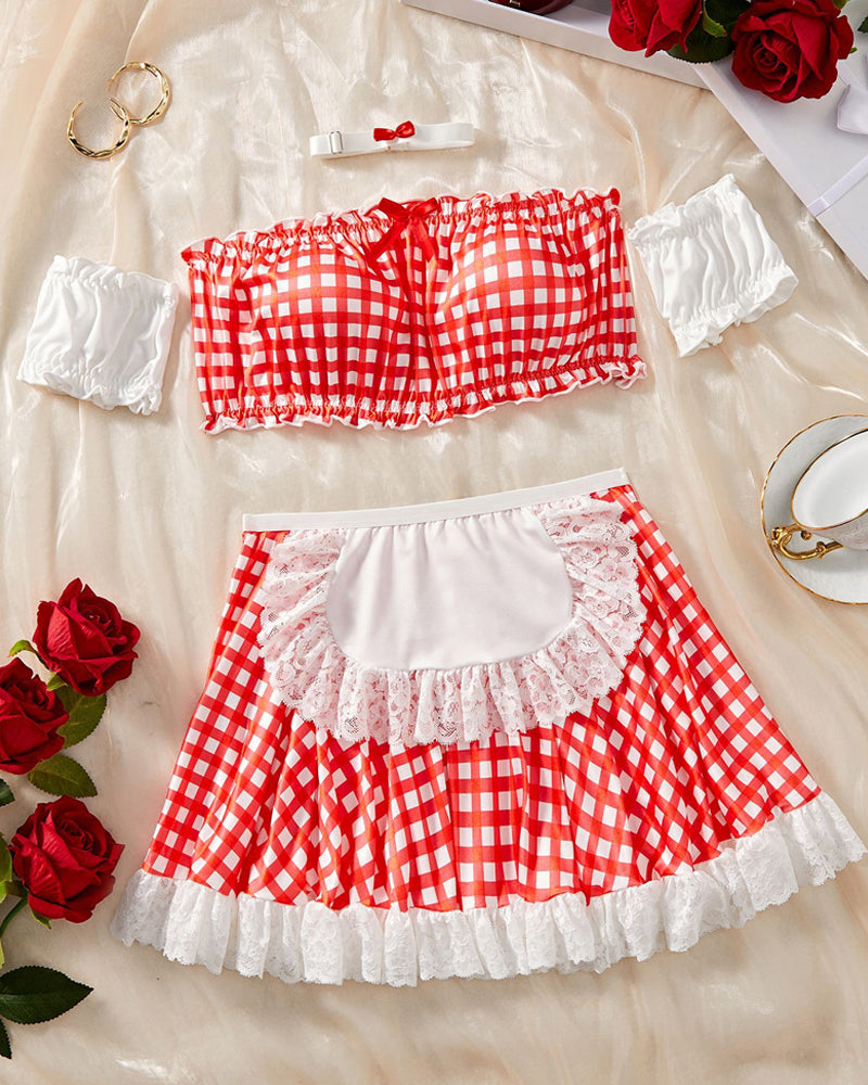 Sexy Colorblock Plaid Lace Maid Outfit