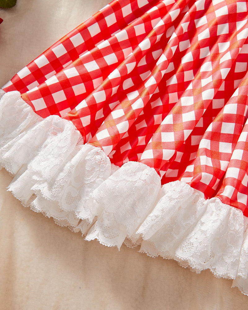 Sexy Colorblock Plaid Lace Maid Outfit