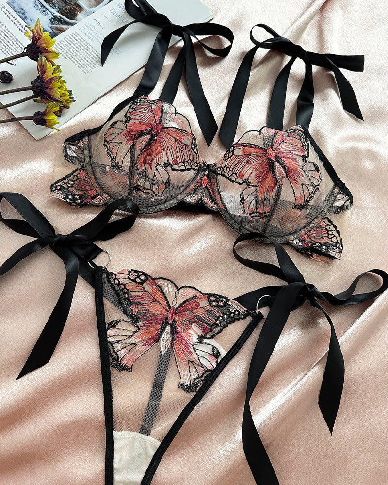 Butterfly Mesh Embroidery See-Through Temptation Sexy Lingerie Set